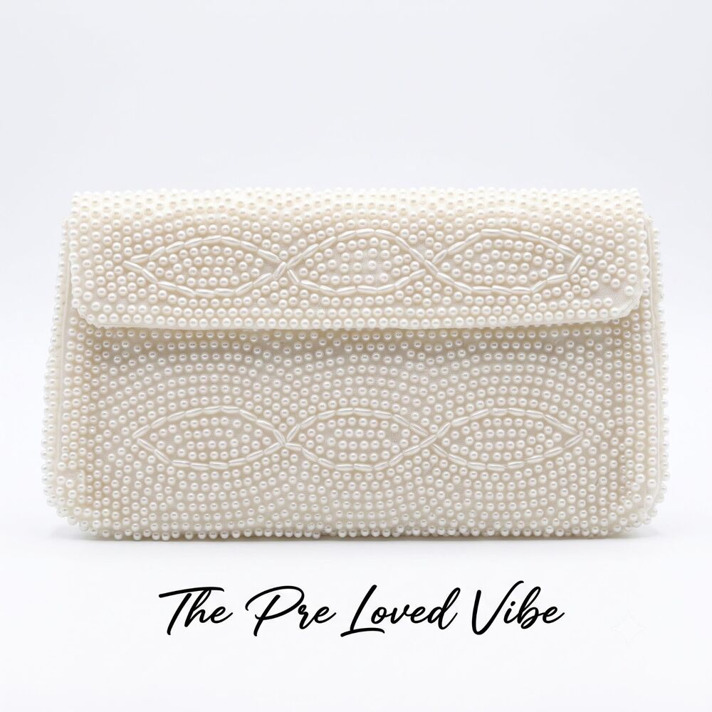 Vintage Made in Japan Pearl Beaded Envelope Clutch Purse with Snap Closure